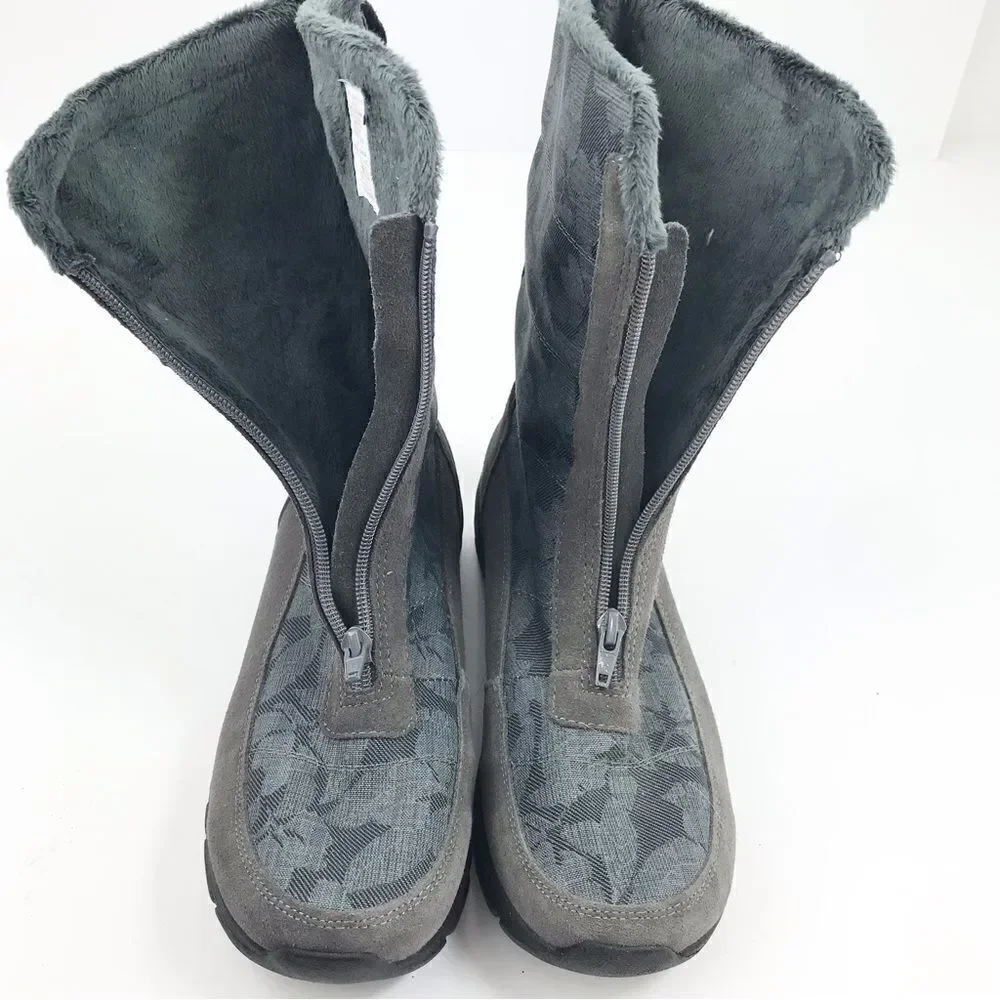 Land’s End Gray Suede Floral Canvas Front Zip Faux Fur Lined Thermolite Boot NEW